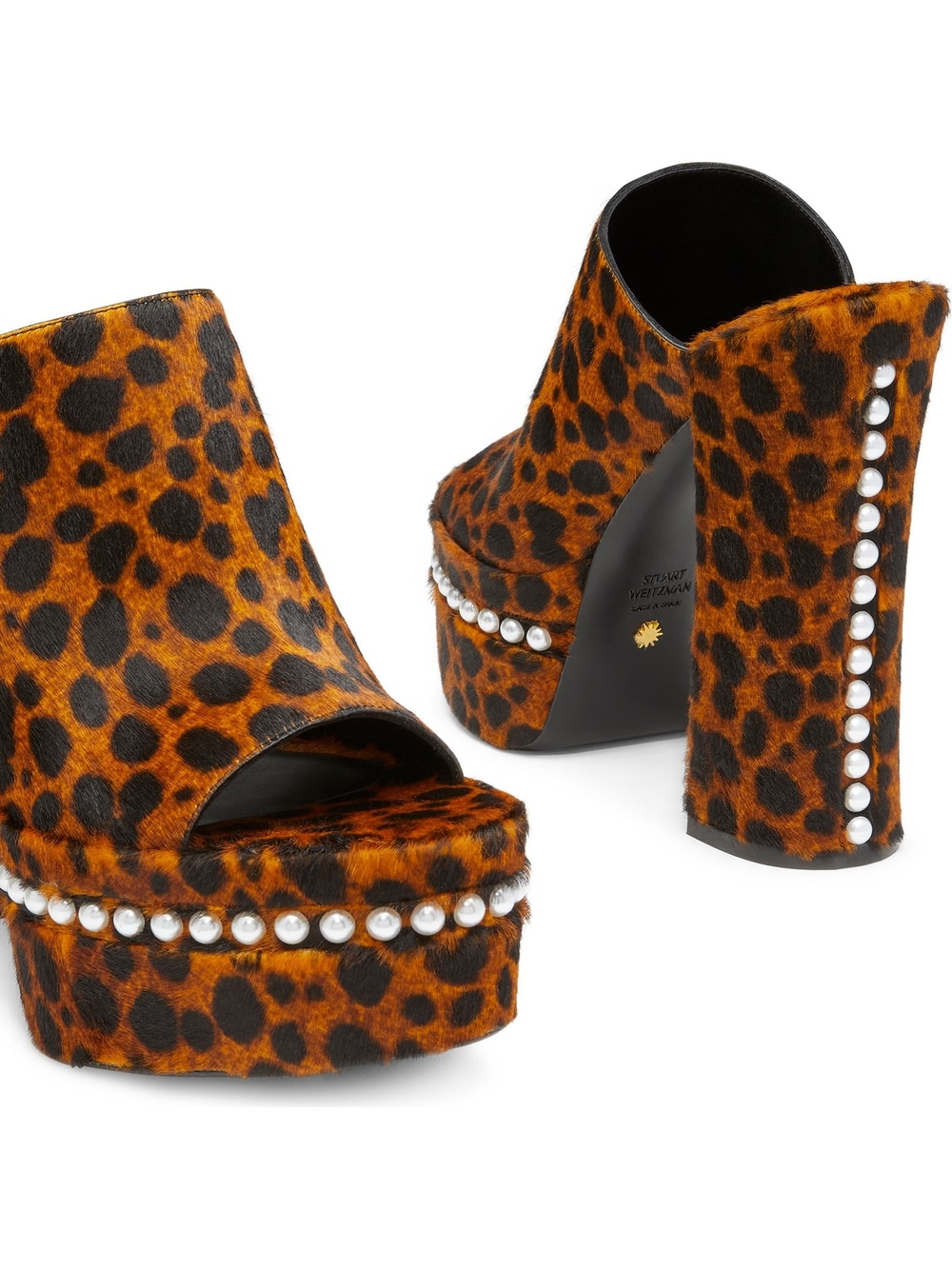 Nwt, Never Worn Stuart Weitzman Leopard Print Platform Pearl Trim Calfskin Slide